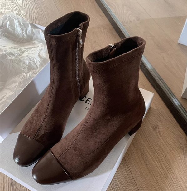 Chanel-Style Patchwork Chunky Heeled Long Boots for Women, Height-Increasing Slim-Fit Design, Fashionable Footwear for Petite Individuals