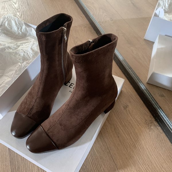 Chanel-Style Patchwork Chunky Heeled Long Boots for Women, Height-Increasing Slim-Fit Design, Fashionable Footwear for Petite Individuals