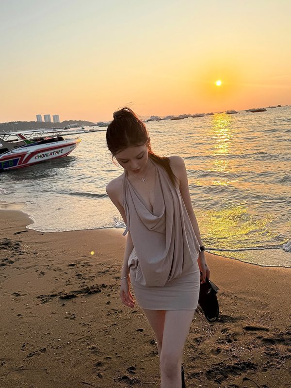 Charming Thai-Inspired Bodycon Dress for Women, Plunging Neckline, Tie Backless Design, Short Length, Trendy Summer Style