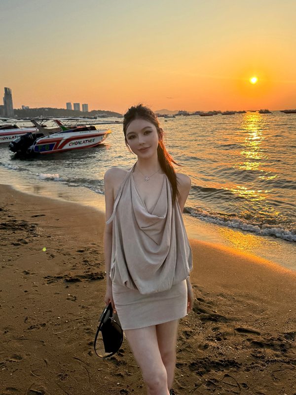 Charming Thai-Inspired Bodycon Dress for Women, Plunging Neckline, Tie Backless Design, Short Length, Trendy Summer Style