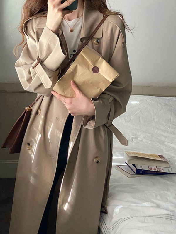 Chic Black Mid-Length Trench Coat for Women, 2024 British Style, Trendy Petite Fashion Outerwear