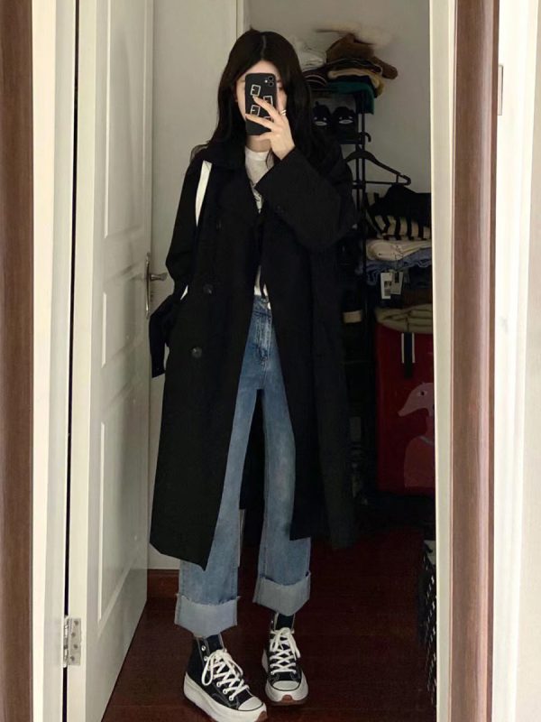 Chic Black Mid-Length Trench Coat for Women, 2024 British Style, Trendy Petite Fashion Outerwear