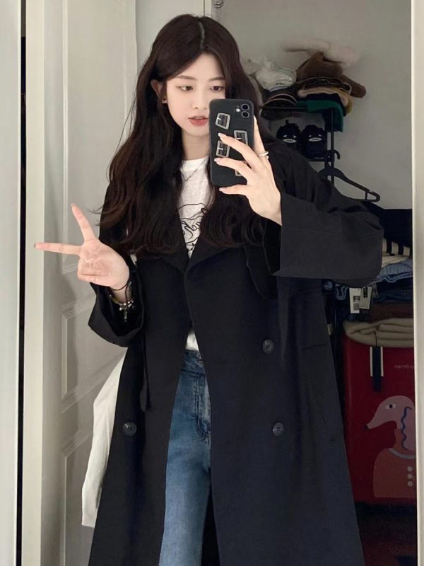 Chic Black Mid-Length Trench Coat for Women, 2024 British Style, Trendy Petite Fashion Outerwear