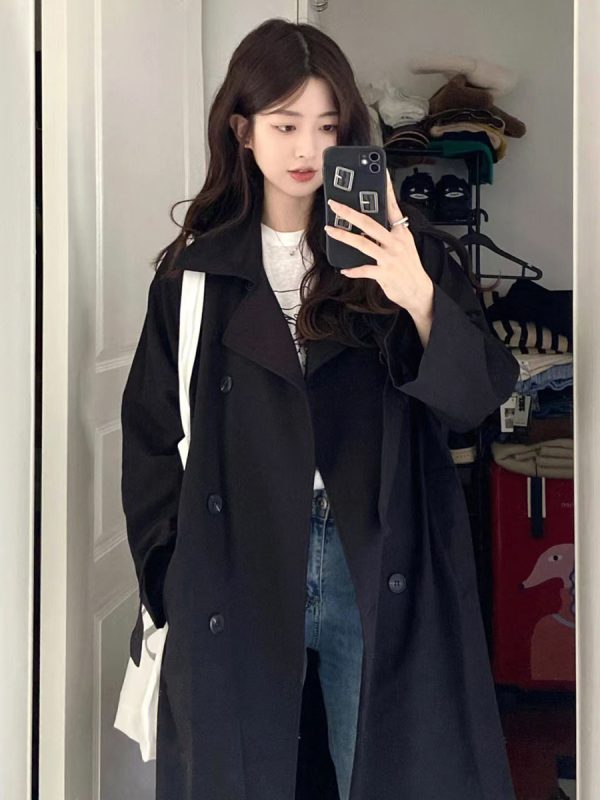 Chic Black Mid-Length Trench Coat for Women, 2024 British Style, Trendy Petite Fashion Outerwear