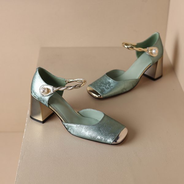 Chic Genuine Leather Square-Toe Mesh Mary Jane Shoes for Women, Spring 2023 Style with Pearl Chunky Heel