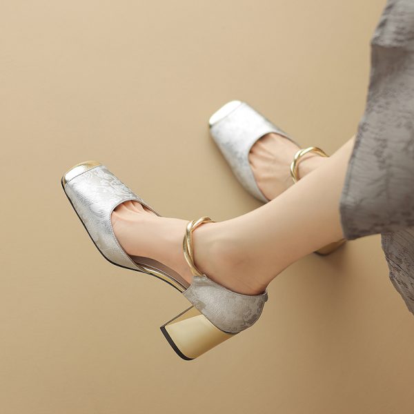 Chic Genuine Leather Square-Toe Mesh Mary Jane Shoes for Women, Spring 2023 Style with Pearl Chunky Heel