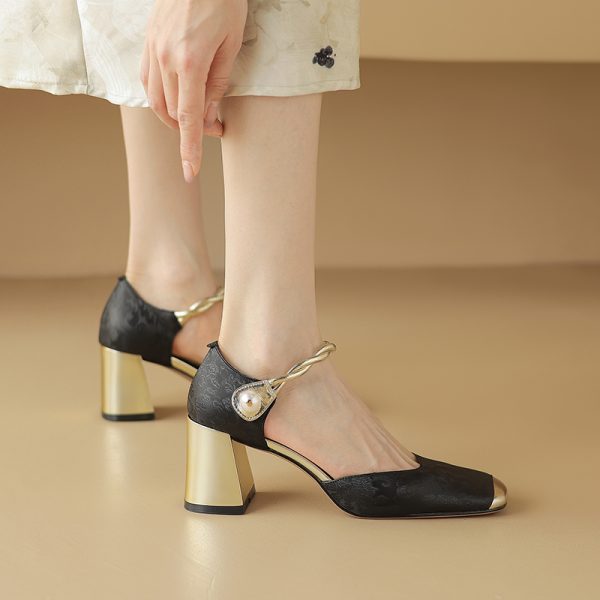 Chic Genuine Leather Square-Toe Mesh Mary Jane Shoes for Women, Spring 2023 Style with Pearl Chunky Heel