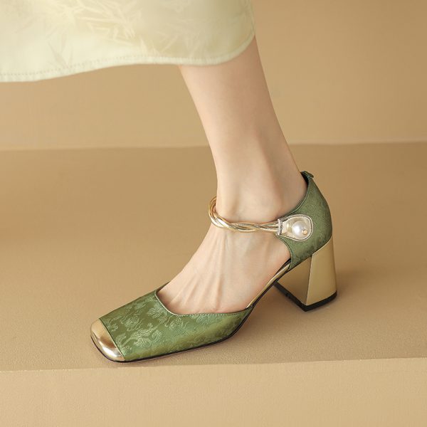 Chic Genuine Leather Square-Toe Mesh Mary Jane Shoes for Women, Spring 2023 Style with Pearl Chunky Heel