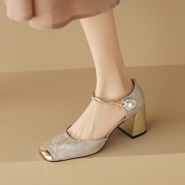 Chic Genuine Leather Square-Toe Mesh Mary Jane Shoes for Women, Spring 2023 Style with Pearl Chunky Heel