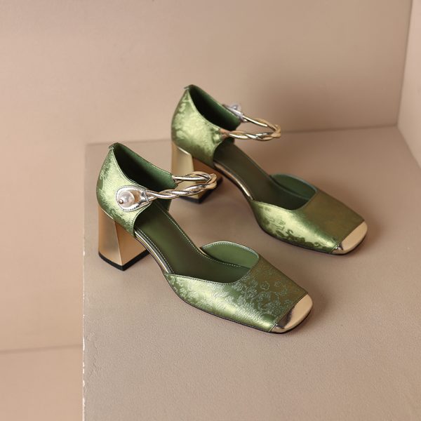 Chic Genuine Leather Square-Toe Mesh Mary Jane Shoes for Women, Spring 2023 Style with Pearl Chunky Heel