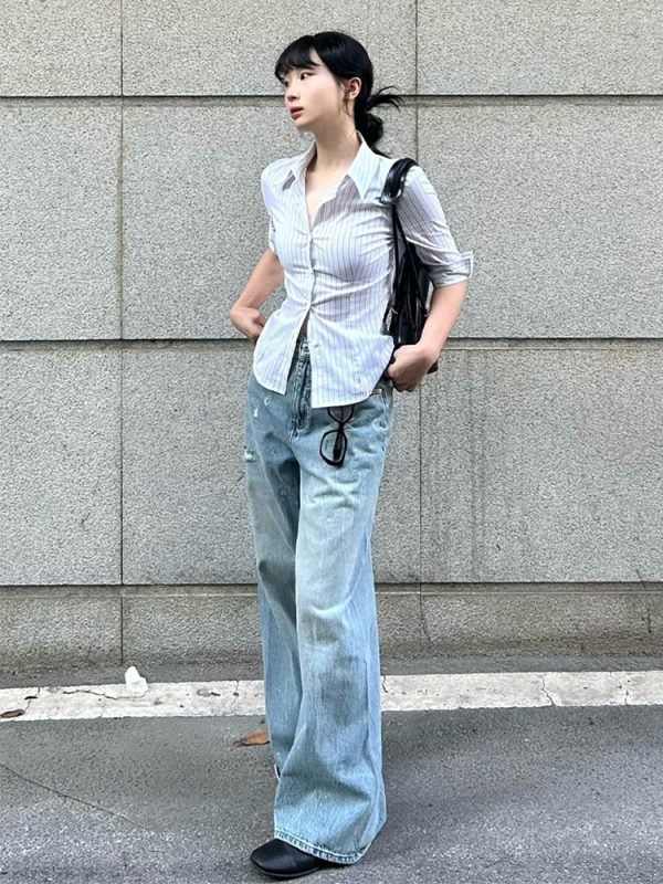 Chic Retro Hong Kong Style Color-Blocked Striped Short Sleeve Shirt for Women - Waist-Cinching Slim Fit Summer Top