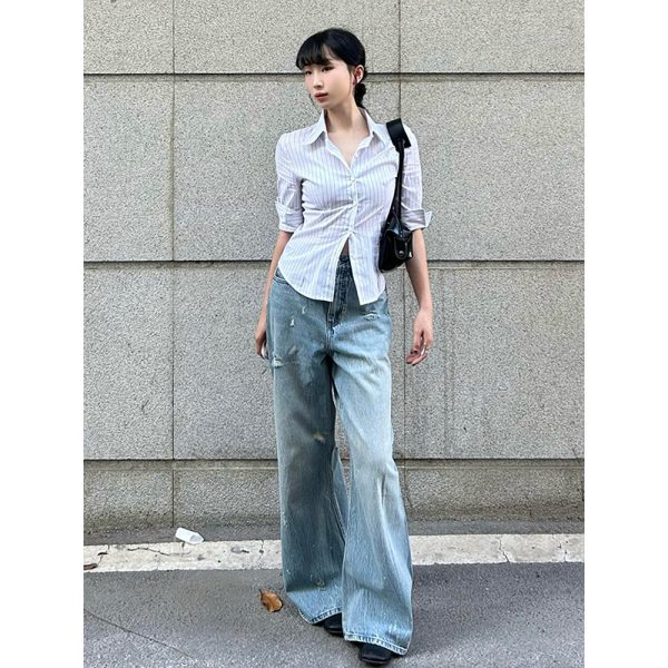 Chic Retro Hong Kong Style Color-Blocked Striped Short Sleeve Shirt for Women - Waist-Cinching Slim Fit Summer Top