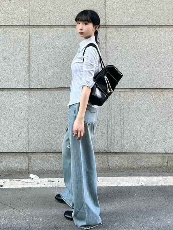 Chic Retro Hong Kong Style Color-Blocked Striped Short Sleeve Shirt for Women - Waist-Cinching Slim Fit Summer Top