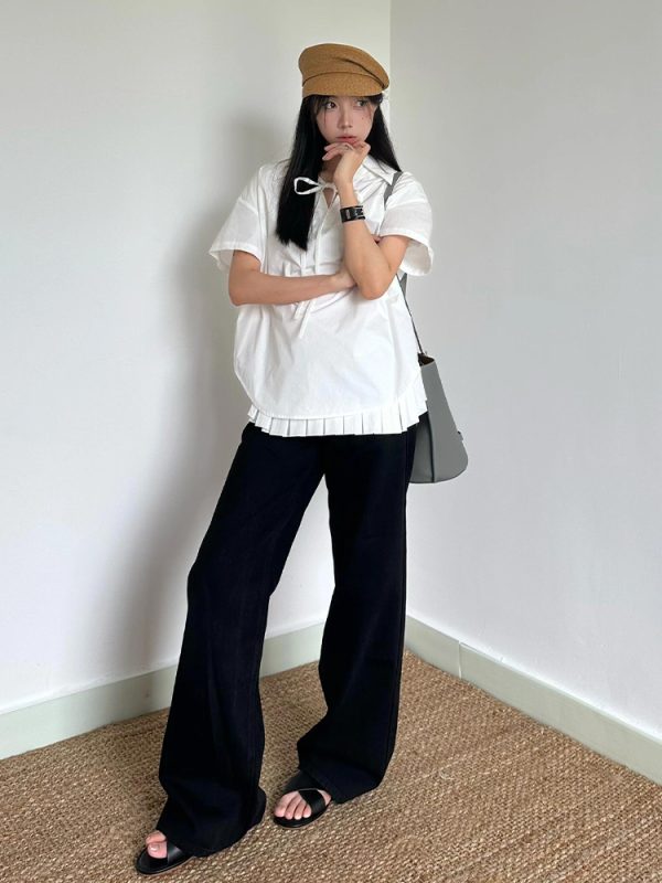 Chic Retro Hong Kong Style V-Neck Tie Design Short Sleeve Top for Women - Loose Casual White Summer Shirt