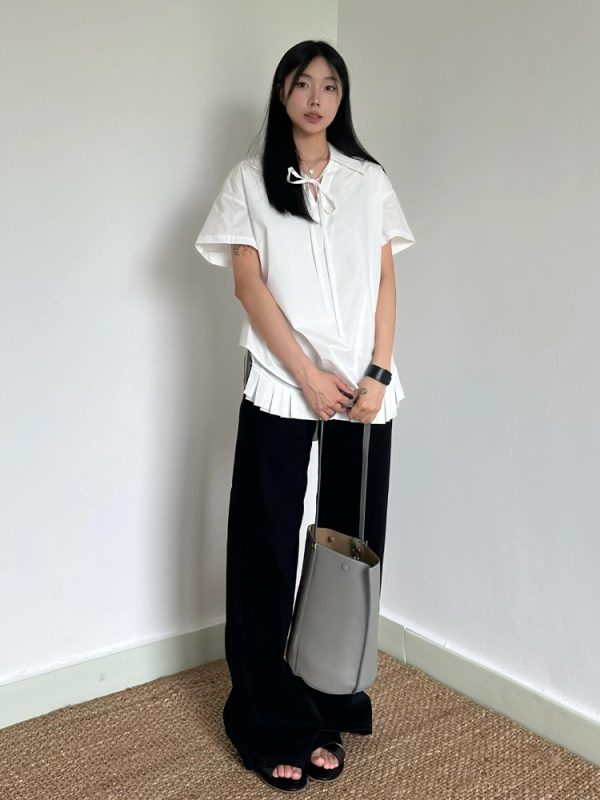 Chic Retro Hong Kong Style V-Neck Tie Design Short Sleeve Top for Women - Loose Casual White Summer Shirt