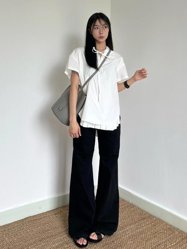 Chic Retro Hong Kong Style V-Neck Tie Design Short Sleeve Top for Women - Loose Casual White Summer Shirt