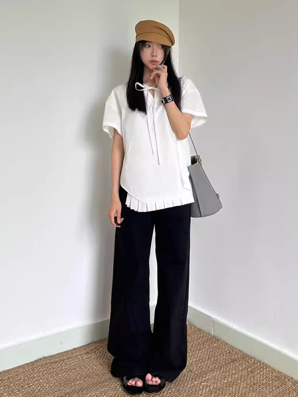 Chic Retro Hong Kong Style V-Neck Tie Design Short Sleeve Top for Women - Loose Casual White Summer Shirt