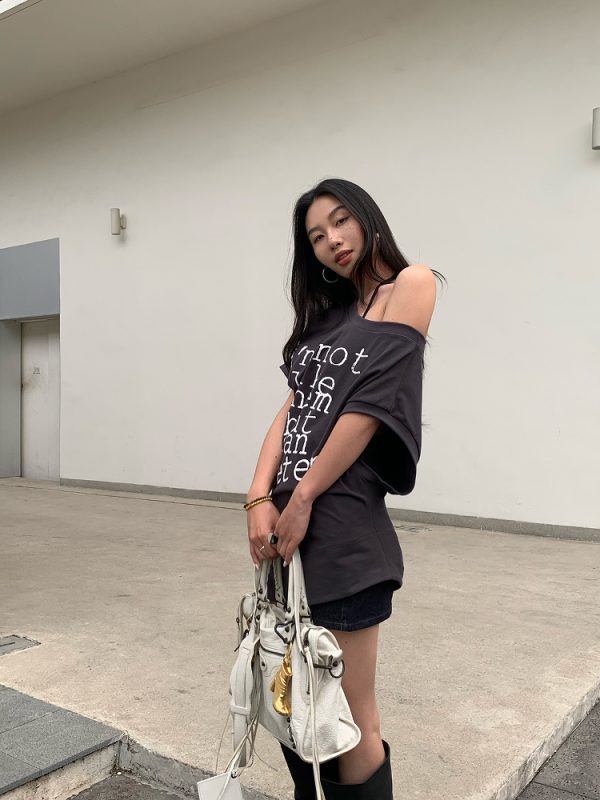 Chic Slanted Shoulder T-Shirt Dress in Deep Gray - Versatile 2-in-1 Style for Effortless Y2K Fashion