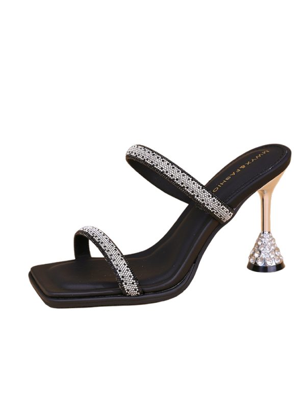Chic Summer High-Heeled Sandals for Women, Rhinestone One-Strap Design, Backless Slip-On Cool Slippers, Trendy Footwear