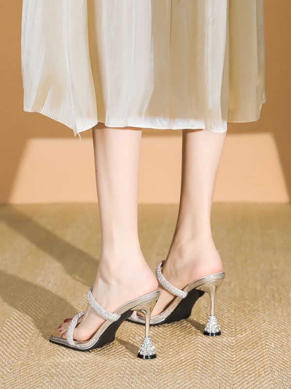 Chic Summer High-Heeled Sandals for Women, Rhinestone One-Strap Design, Backless Slip-On Cool Slippers, Trendy Footwear