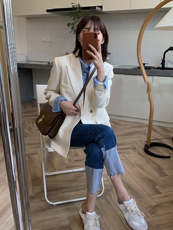 Chic White Petite Suit Jacket for Women - High-End Casual Blazer in Korean Style for Spring & Autumn 2025
