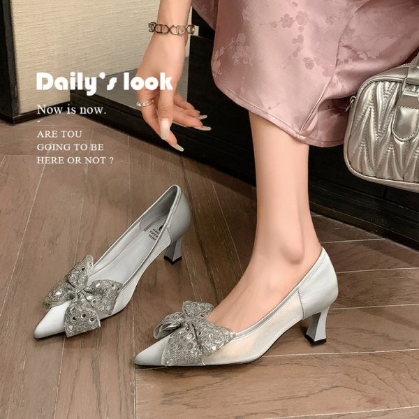 Chic Women's Pointed-Toe Bow Detail High Heels - Versatile French Fashion Style Shallow Mouth Shoes