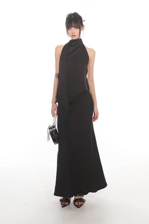 Chinese Style Dark Satin Halter Backless Vest and Mermaid Skirt Set - Slimming Elegant Outfit for Y2K and 90s Fashion