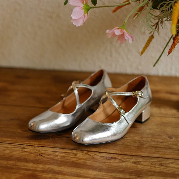 Chinese Style Genuine Leather Cross Strap Mid-Heel Mary Jane Shoes for Women - Elegant Spring Fashion Footwear