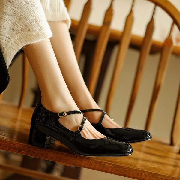 Chinese Style Genuine Leather Cross Strap Mid-Heel Mary Jane Shoes for Women - Elegant Spring Fashion Footwear
