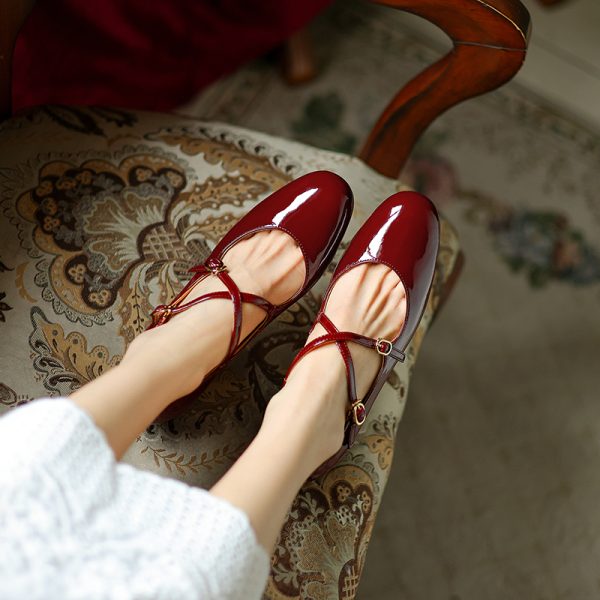 Chinese Style Genuine Leather Cross Strap Mid-Heel Mary Jane Shoes for Women - Elegant Spring Fashion Footwear