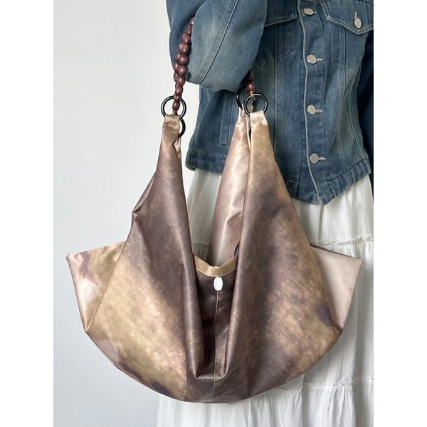 Chinese-Style Printed Dumpling Bag for Women, Versatile Large-Capacity Tote with Wooden Bead Shoulder Strap, National Style Fashion