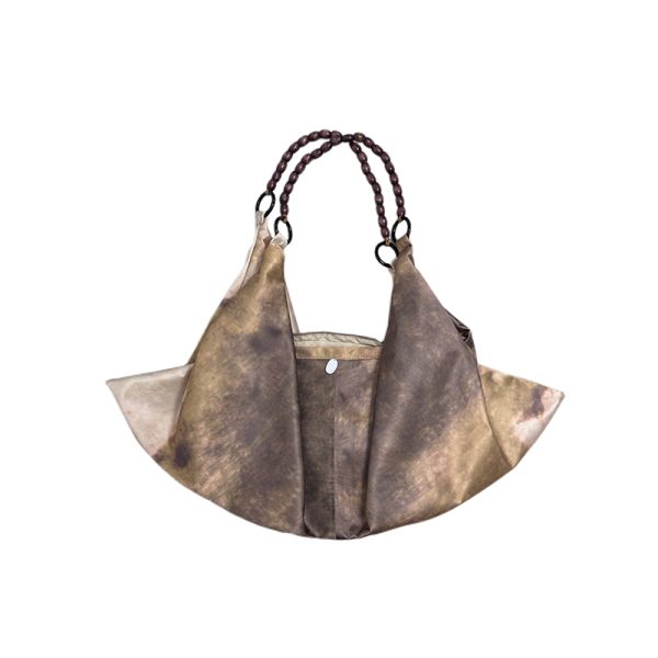 Chinese-Style Printed Dumpling Bag for Women, Versatile Large-Capacity Tote with Wooden Bead Shoulder Strap, National Style Fashion