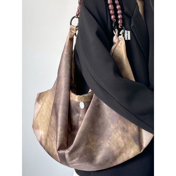 Chinese-Style Printed Dumpling Bag for Women, Versatile Large-Capacity Tote with Wooden Bead Shoulder Strap, National Style Fashion