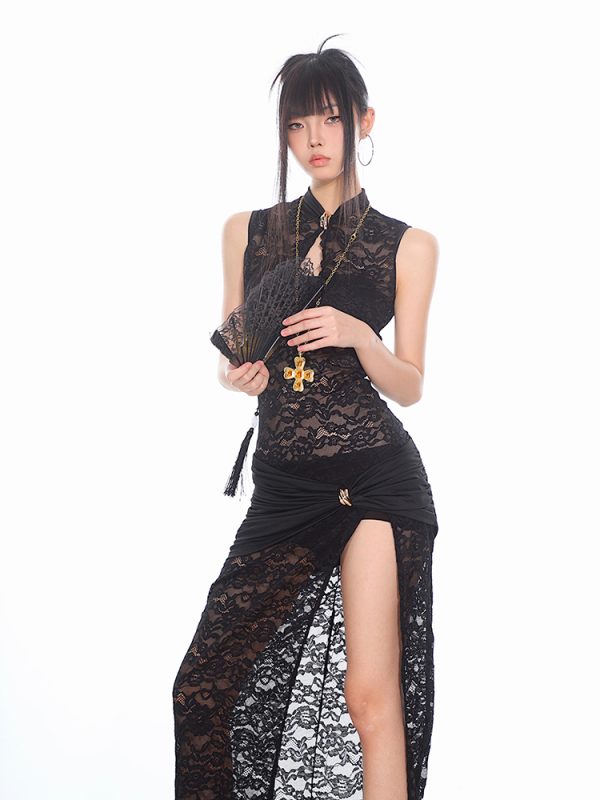 Chinese Style Sheer Lace High-Slit Dress â€“ Sexy Long Skirt for Women, Elegant Evening Wear, Perfect for Y2K and Modern Fashion Trends