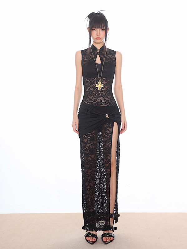 Chinese Style Sheer Lace High-Slit Dress â€“ Sexy Long Skirt for Women, Elegant Evening Wear, Perfect for Y2K and Modern Fashion Trends