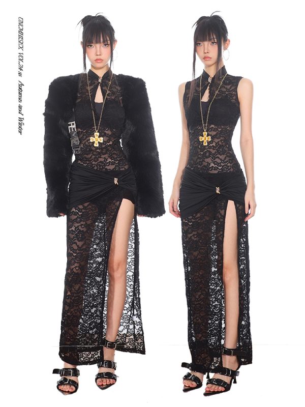 Chinese Style Sheer Lace High-Slit Dress â€“ Sexy Long Skirt for Women, Elegant Evening Wear, Perfect for Y2K and Modern Fashion Trends