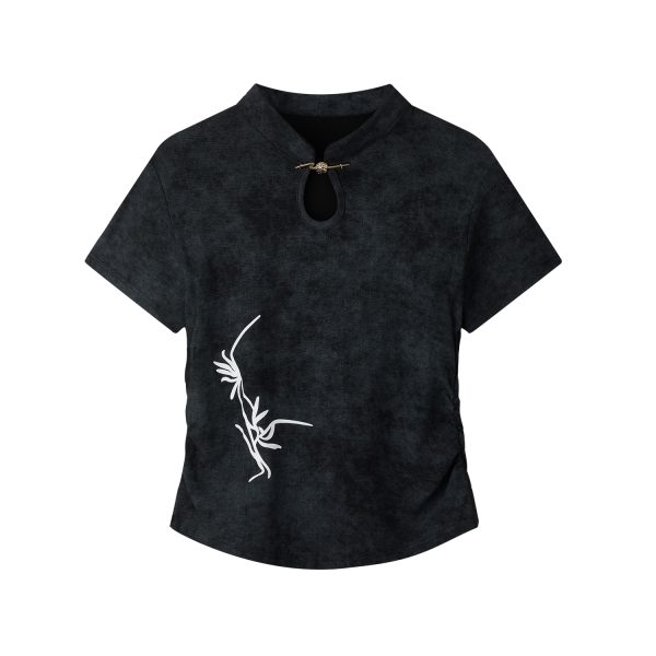 Chinese Style Tie-Dye Short Sleeve T-Shirt for Women, Summer Embroidery Pleated Waist Top, Boho National Wind Fashion
