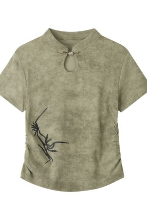 Chinese Style Tie-Dye Short Sleeve T-Shirt for Women, Summer Embroidery Pleated Waist Top, Boho National Wind Fashion