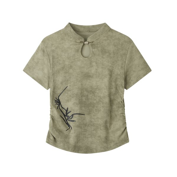 Chinese Style Tie-Dye Short Sleeve T-Shirt for Women, Summer Embroidery Pleated Waist Top, Boho National Wind Fashion