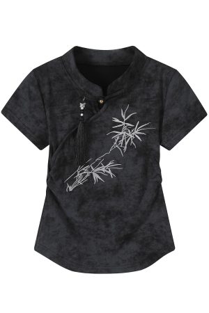 Chinese Style Tie-Dye Women's Short Sleeve T-Shirt with Frog Buttons - Unique Summer Top for Y2K and Korean Fashion