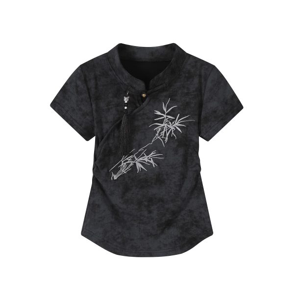 Chinese Style Tie-Dye Women's Short Sleeve T-Shirt with Frog Buttons - Unique Summer Top for Y2K and Korean Fashion