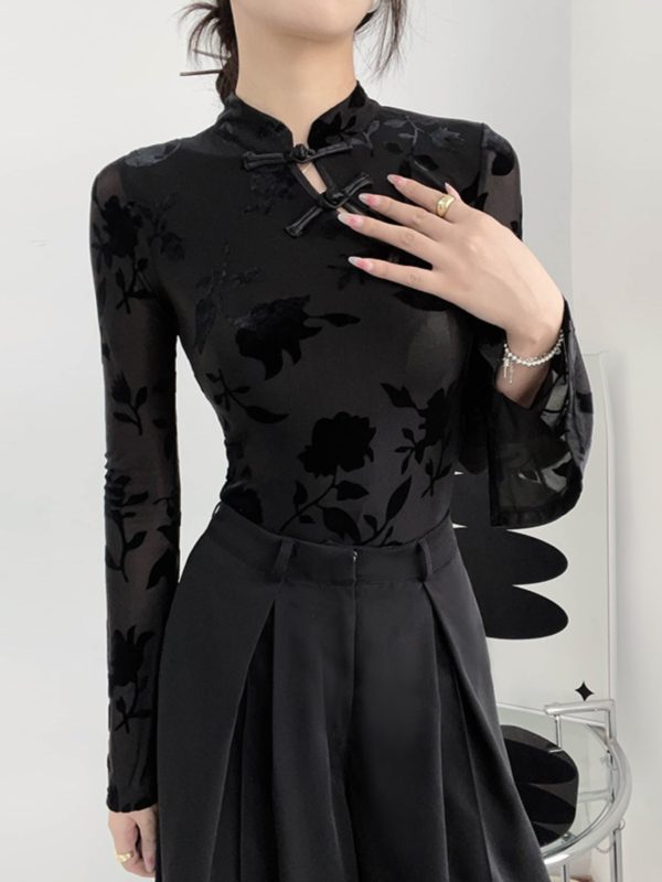 Chinese-Style Velvet Long Sleeve Top with Button Design - Slim Fit Vintage Shirt for Spring and Summer