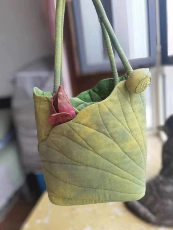 Chinese Wind Lotus Leaf Tote Bag - Retro Handheld Shoulder Bucket Bag - 2024 New Style Fashion Handbag