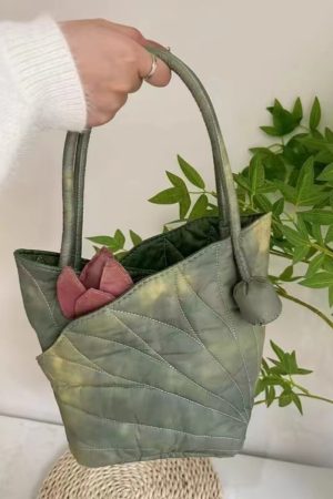 Chinese Wind Lotus Leaf Tote Bag - Retro Handheld Shoulder Bucket Bag - 2024 New Style Fashion Handbag