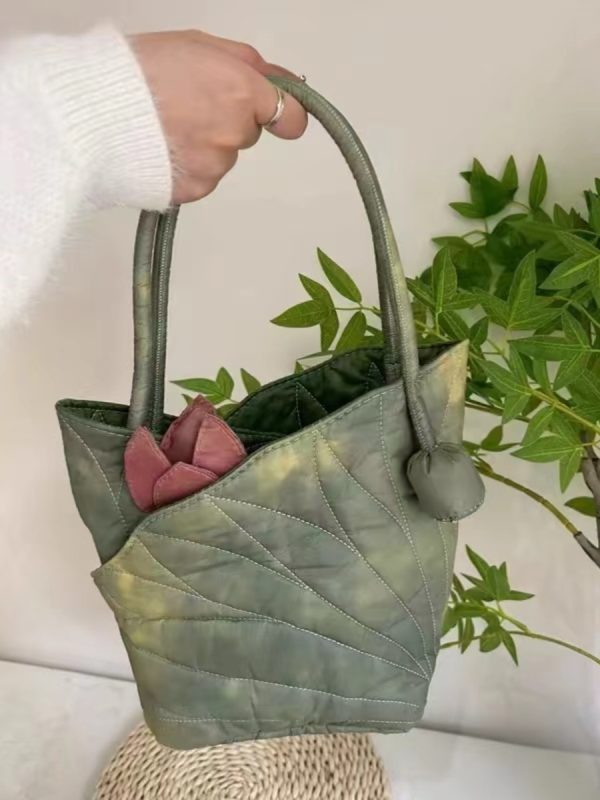 Chinese Wind Lotus Leaf Tote Bag - Retro Handheld Shoulder Bucket Bag - 2024 New Style Fashion Handbag