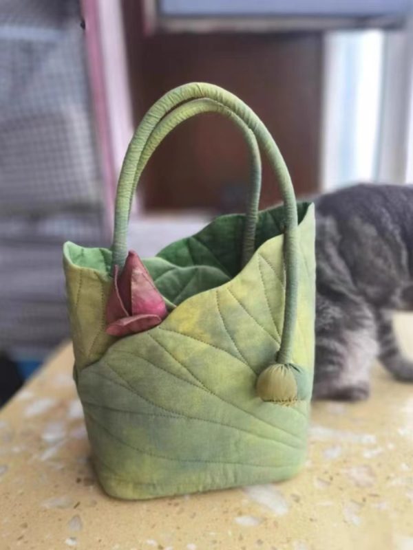 Chinese Wind Lotus Leaf Tote Bag - Retro Handheld Shoulder Bucket Bag - 2024 New Style Fashion Handbag