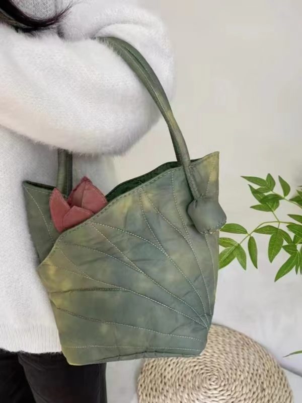 Chinese Wind Lotus Leaf Tote Bag - Retro Handheld Shoulder Bucket Bag - 2024 New Style Fashion Handbag