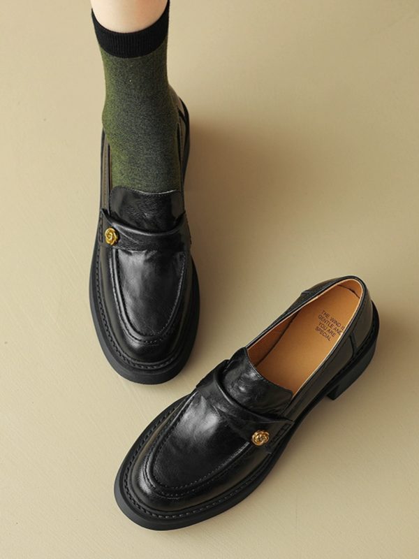 Chunky Heel Black Loafers for Women - Summer 2025 Small Leather Shoes with Camellia Design - Trendy and Stylish