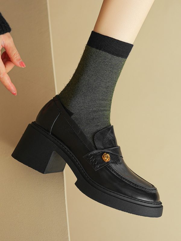 Chunky Heel Black Loafers for Women - Summer 2025 Small Leather Shoes with Camellia Design - Trendy and Stylish