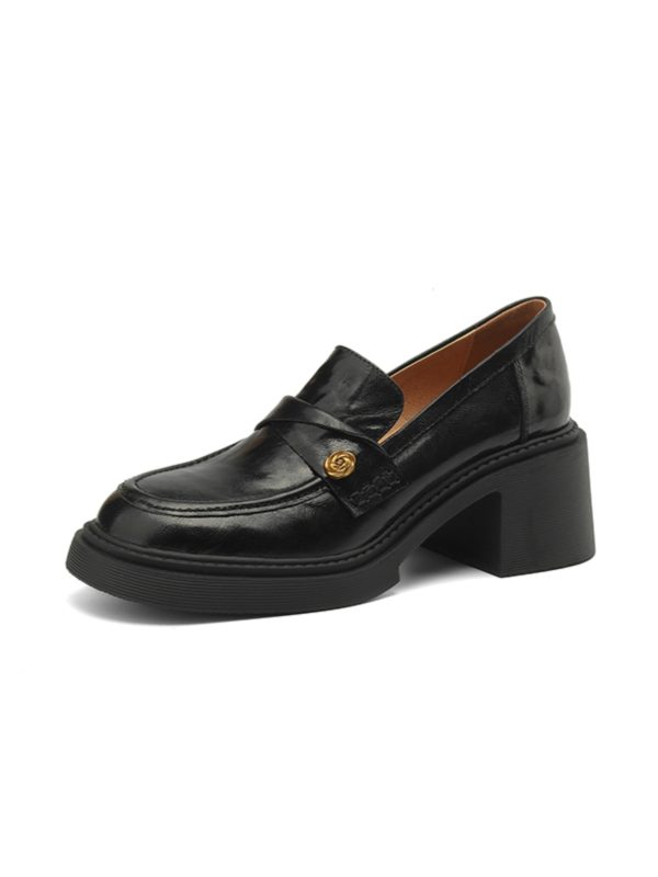 Chunky Heel Black Loafers for Women - Summer 2025 Small Leather Shoes with Camellia Design - Trendy and Stylish
